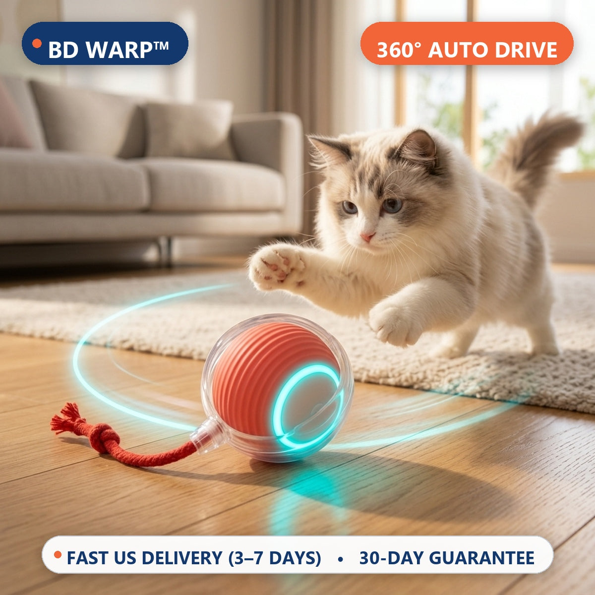 BD Warp™ Smart Interactive Rolling Cat Ball - 360° Auto-Drive with Glowing Motion Trails & Prey Simulation