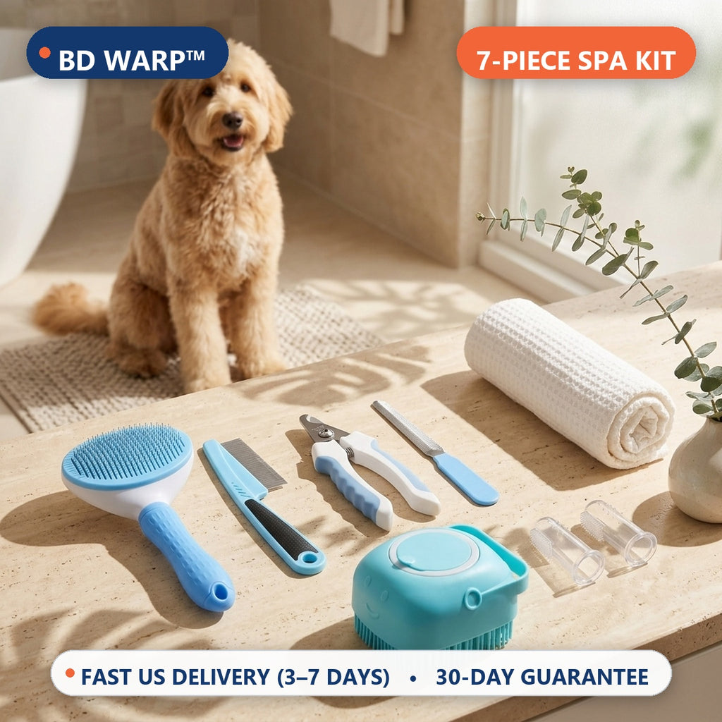 BD Warp™ 7-in-1 Complete Pet Grooming & Spa Kit - Luxury Sunlit Spa Bathroom Lifestyle Hero