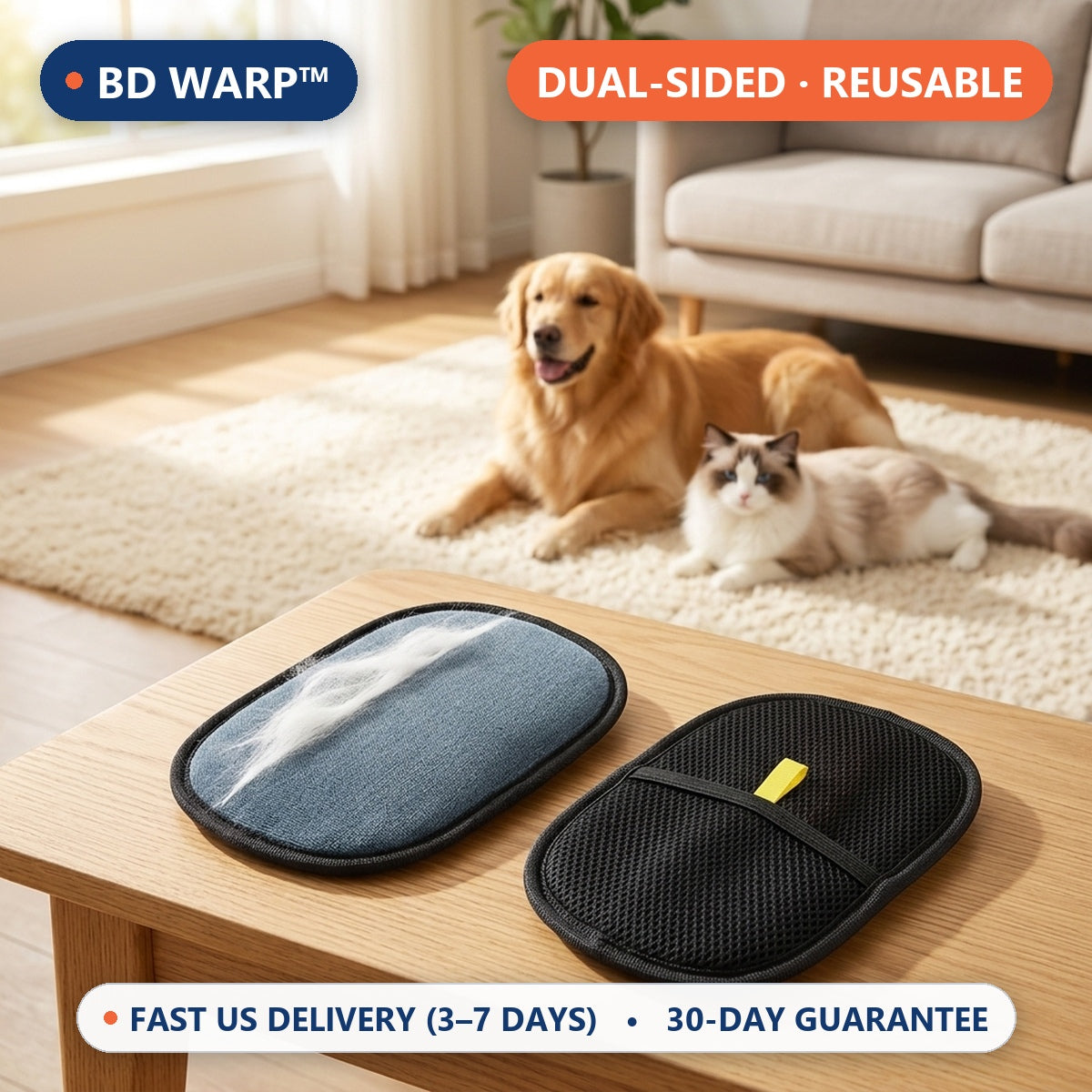 BD Warp™ Dual-Sided Electrostatic Pet Fur Remover Mitt - Scandinavian Sunlit Living Room Hero