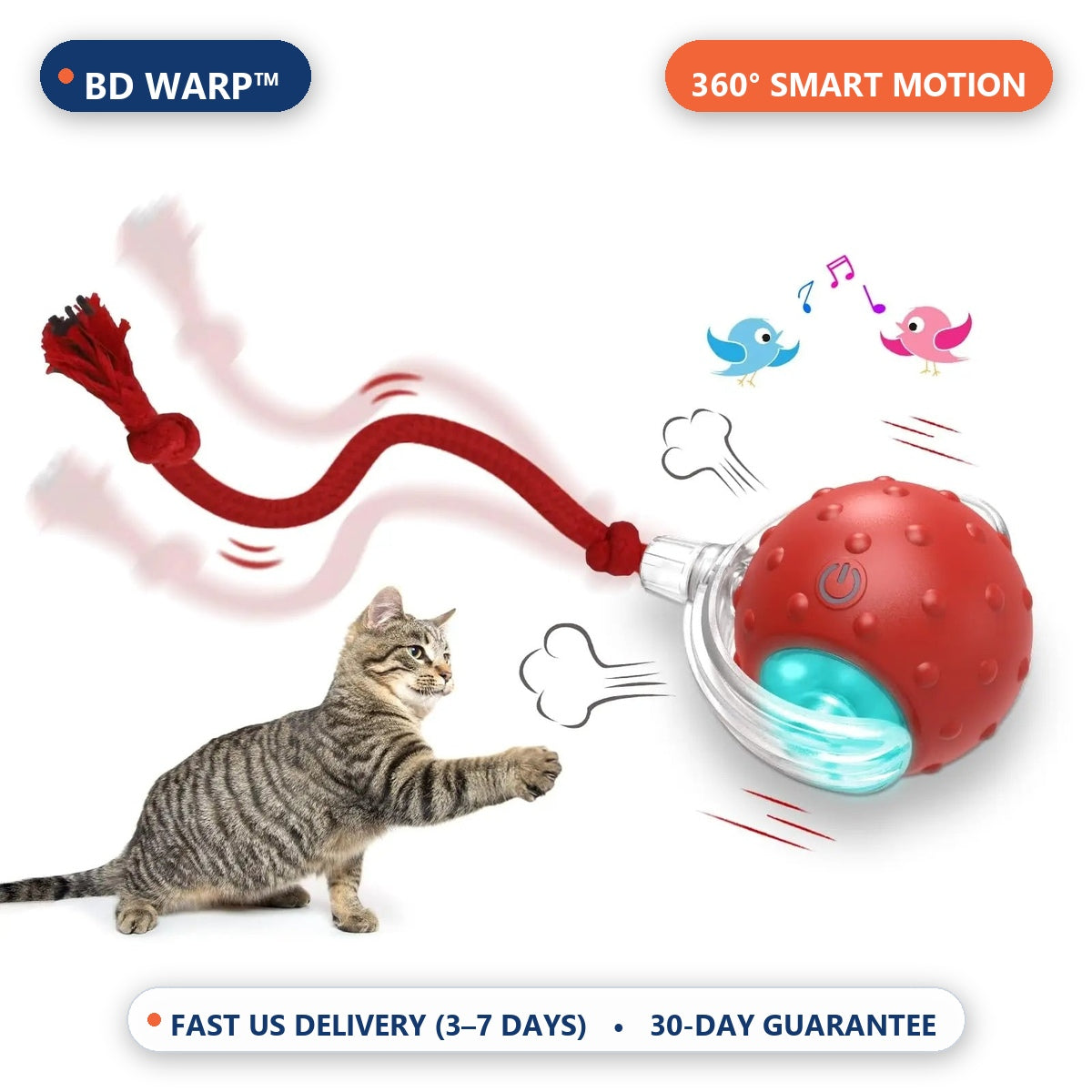 BD Warp™ Smart Interactive Rolling Cat Ball - 360° Self-Moving Prey Simulation