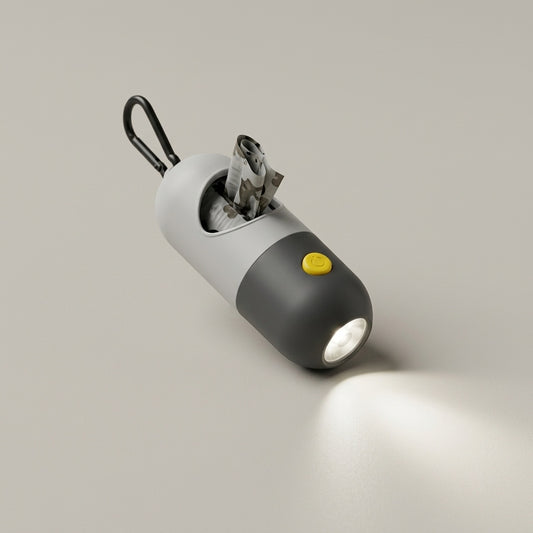 LED Night-Safety Waste Bag Dispenser (Gray Black) - Built-in LED Flashlight with Carabiner Clip and Snag-Free Dispensing Port