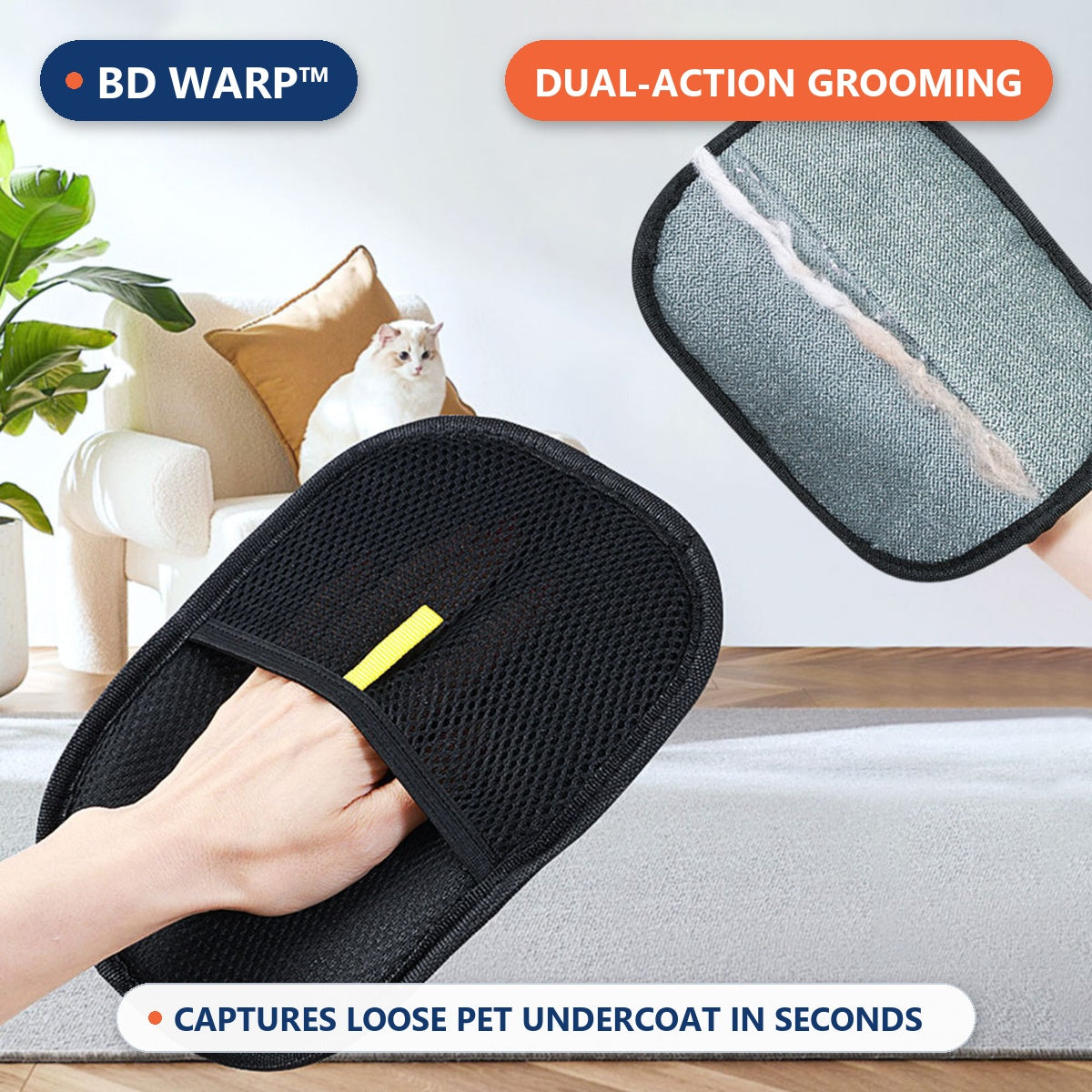 BD Warp™ Dual-Sided Electrostatic Pet Fur Remover Mitt - Real Dual-Action Living Room Grooming