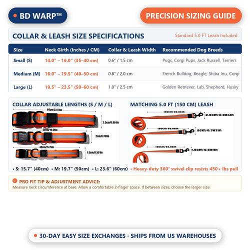 BD Warp™ Dog Collar and Leash Accurate Precision Fit and Sizing Chart