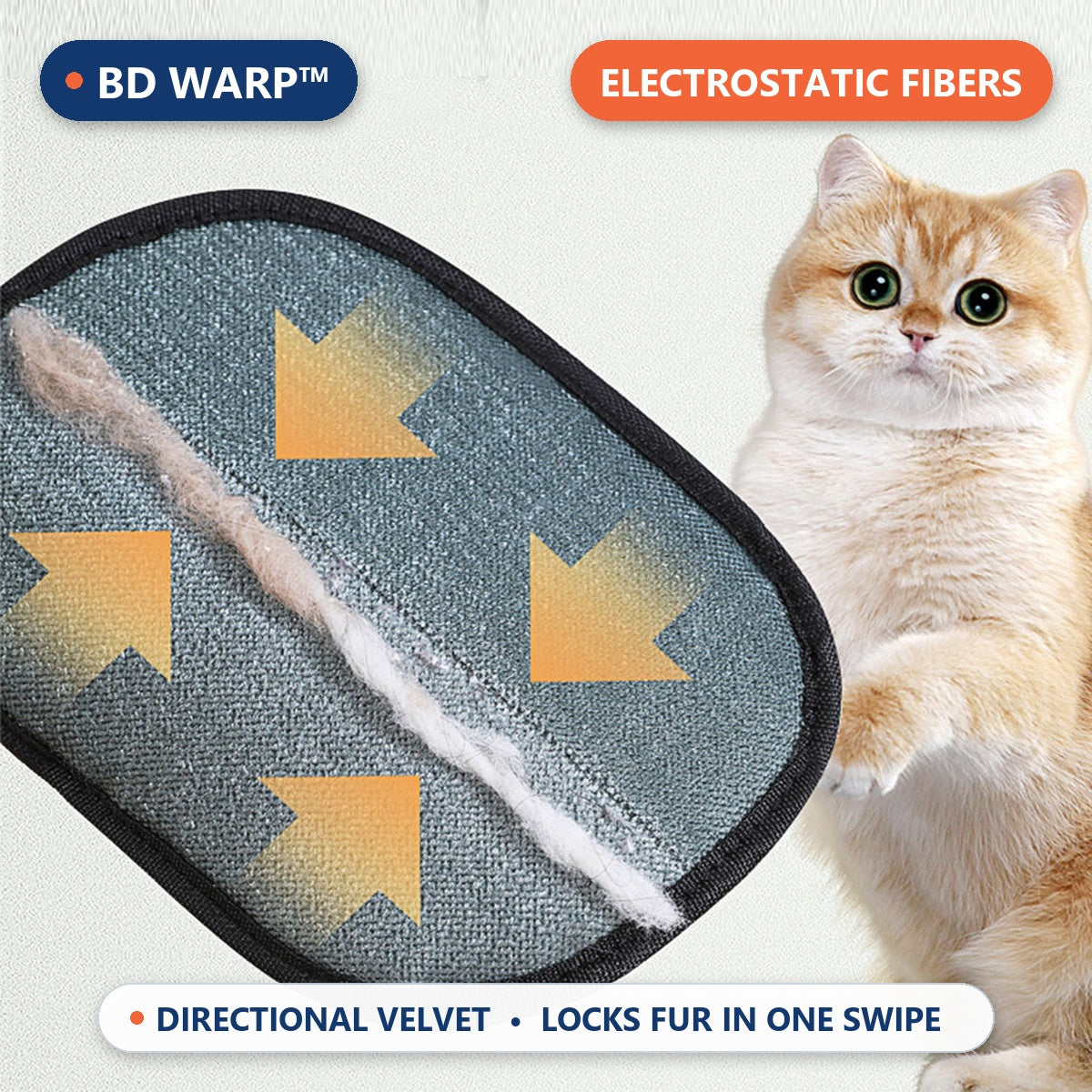 BD Warp™ Dual-Sided Electrostatic Pet Fur Remover Mitt - Real Electrostatic Micro-Fibers Trapping Cat Fur
