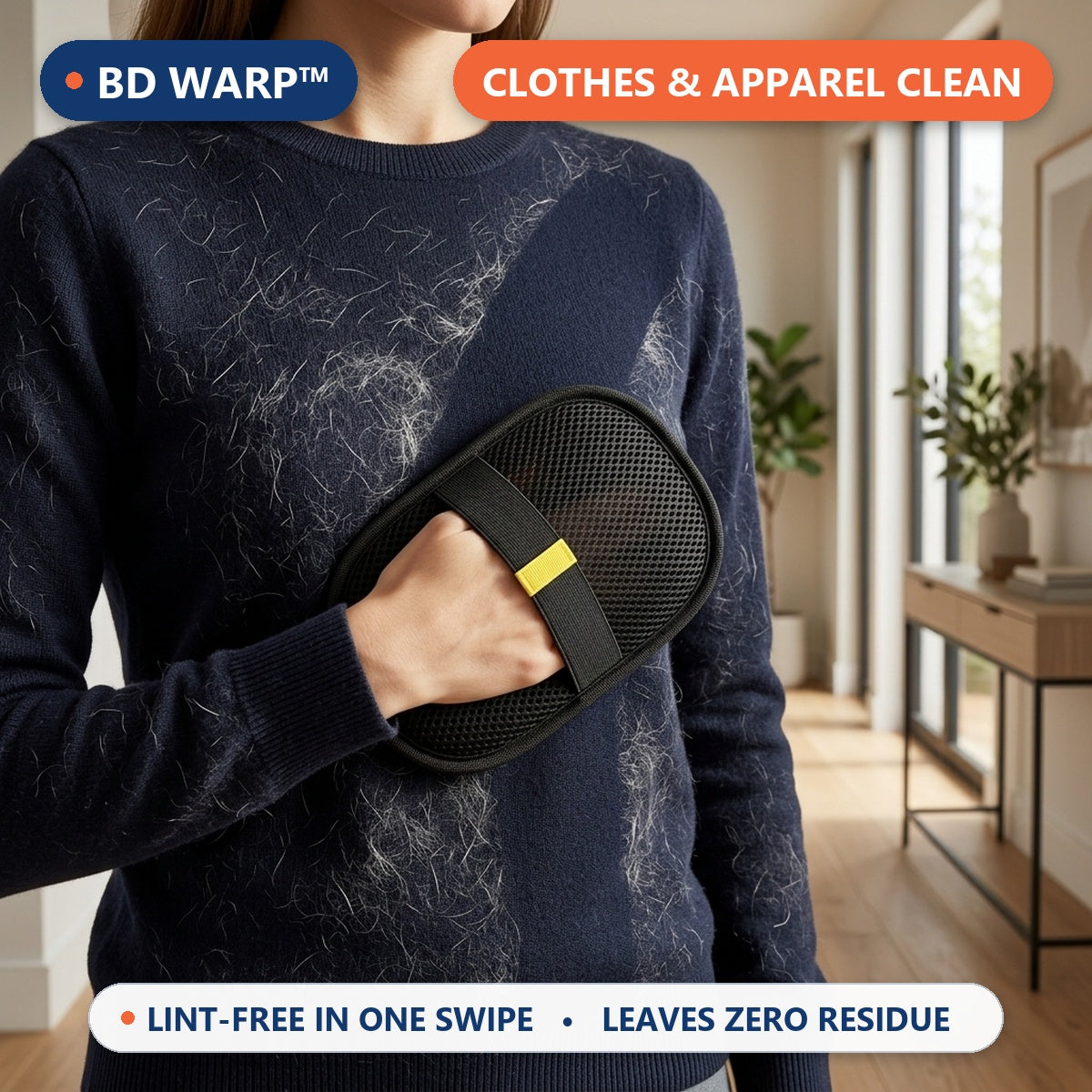 BD Warp™ Dual-Sided Electrostatic Pet Fur Remover Mitt - Clothes and Apparel Lint Removal Before After