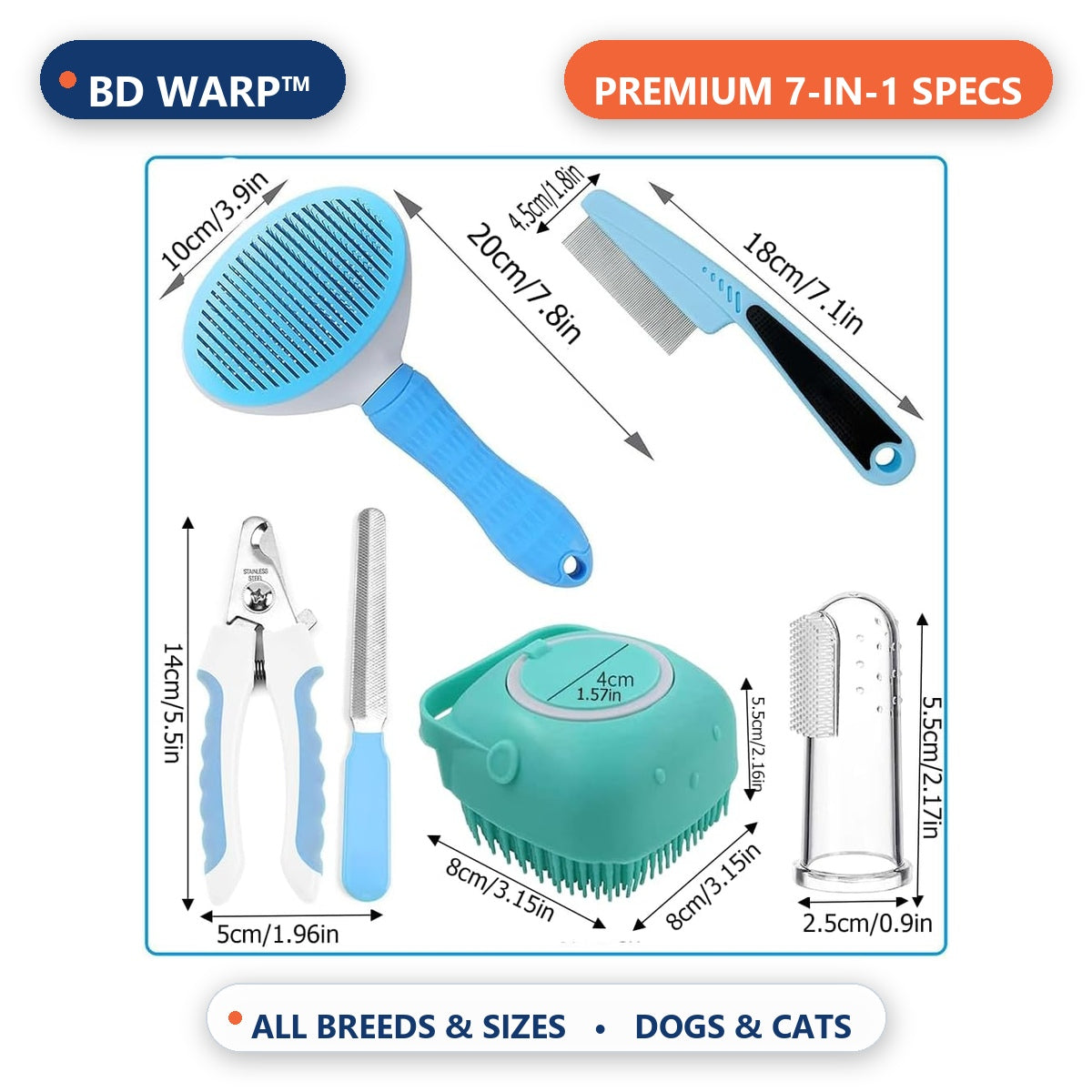 BD Warp™ 7-in-1 Pet Grooming Kit - Full Dimensions and Specifications Overview