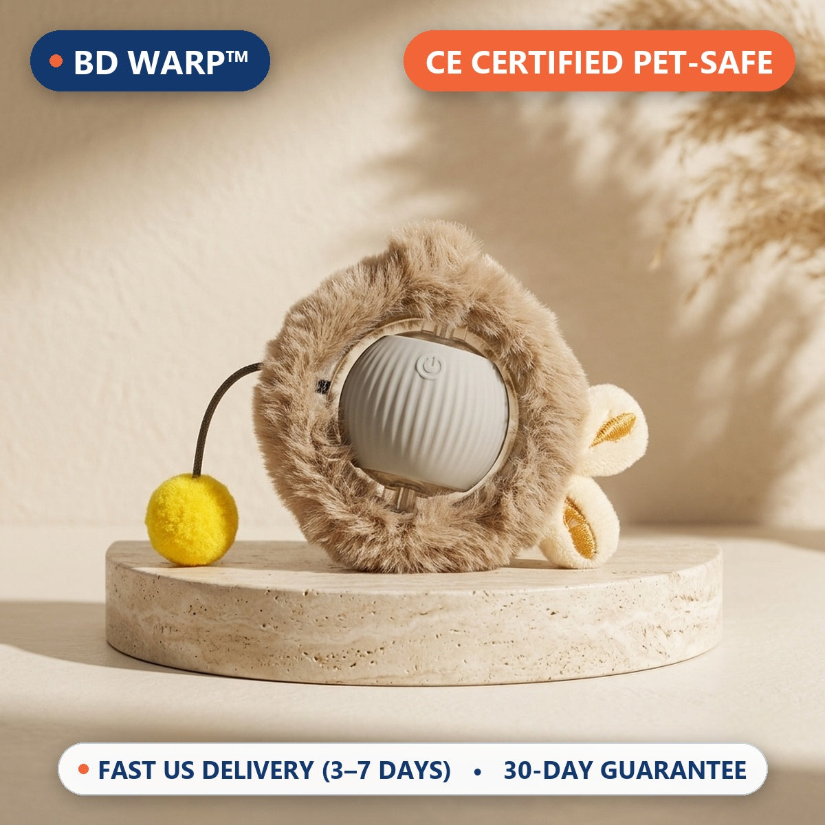 BD Warp™ Smart Interactive Furry Bunny-Ear Teasing Pet Ball - Luxury Travertine Pedestal Studio Display