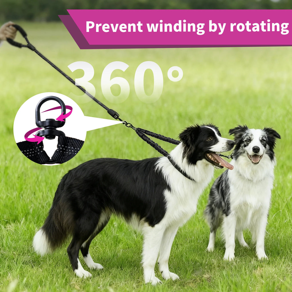 Reflective No-Tangle Double Dog Leash Comfortable Dual Pet Leash with Bungee Extension Includes Poop Bag Dispenser for Two Dogs