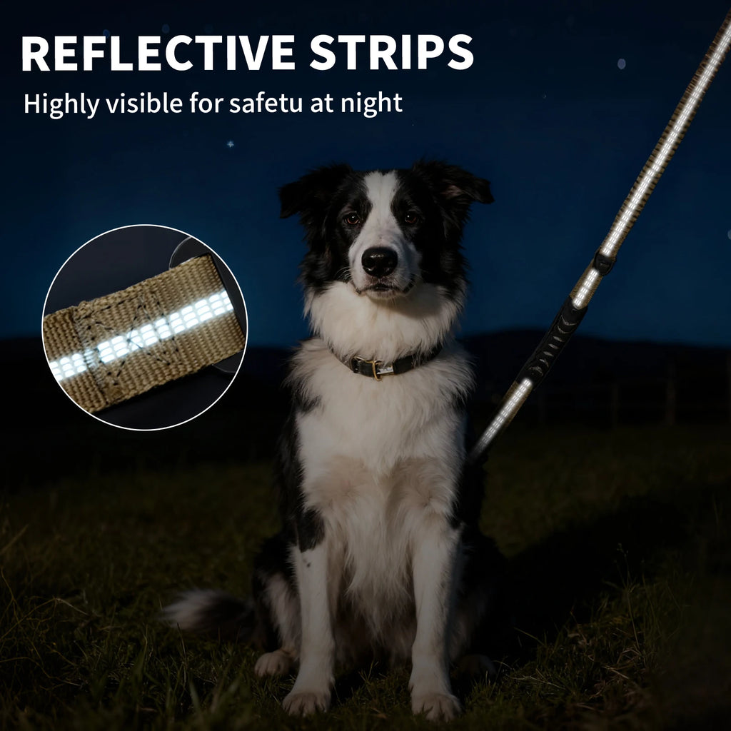 Premium Nylon 2 in 1 Reflective Khaki Tactical Design Car Leash with Explosion Proof Frog Buckle for Medium Large Dogs