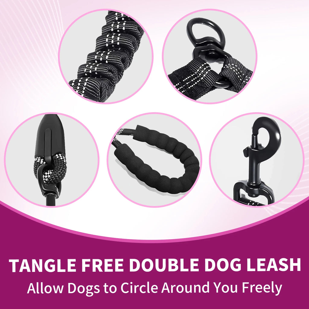 Reflective No-Tangle Double Dog Leash Comfortable Dual Pet Leash with Bungee Extension Includes Poop Bag Dispenser for Two Dogs