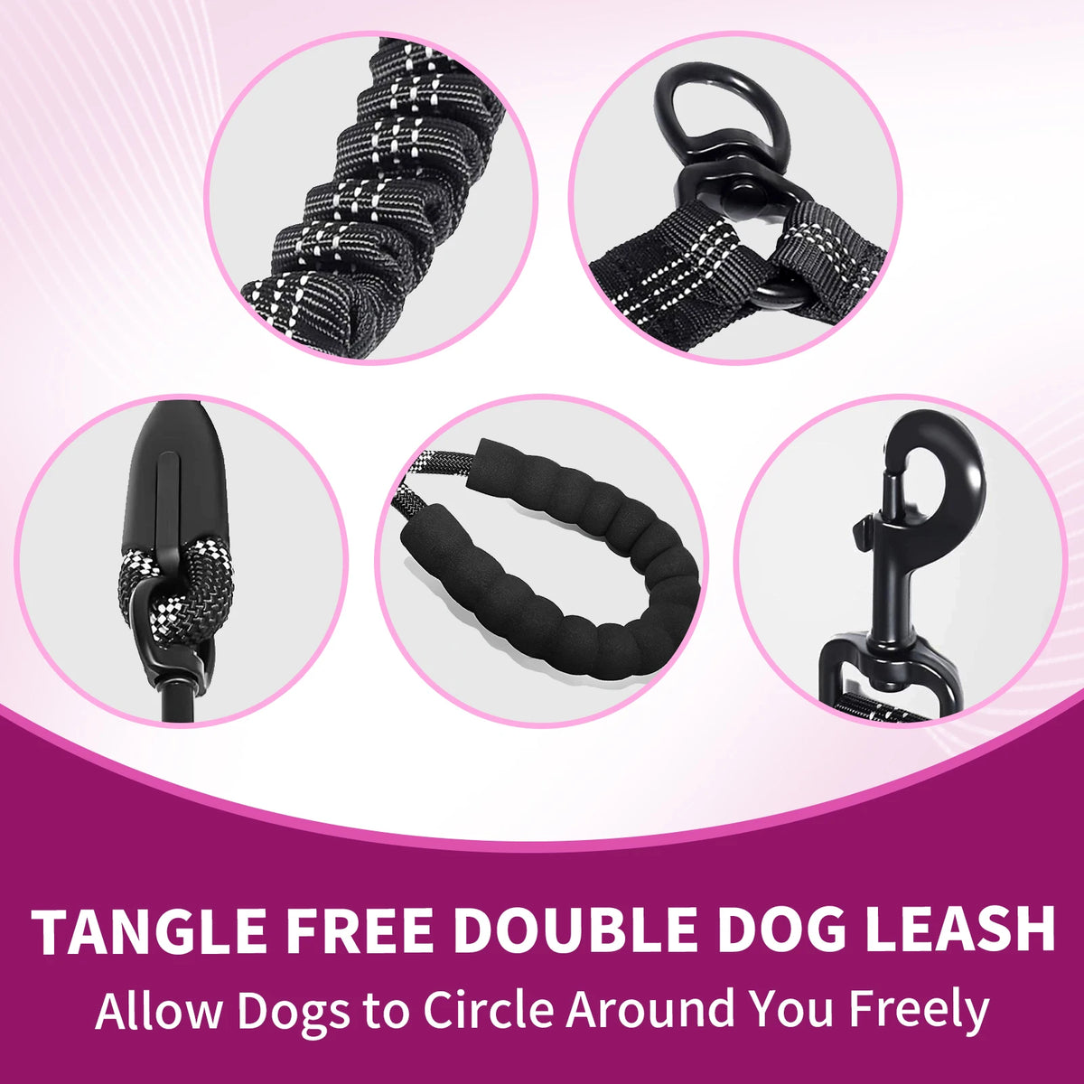 Reflective No-Tangle Double Dog Leash Comfortable Dual Pet Leash with Bungee Extension Includes Poop Bag Dispenser for Two Dogs