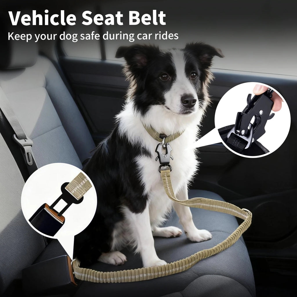 Premium Nylon 2 in 1 Reflective Khaki Tactical Design Car Leash with Explosion Proof Frog Buckle for Medium Large Dogs