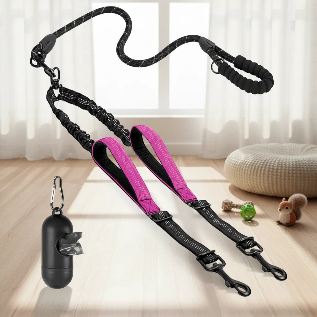 Reflective No-Tangle Double Dog Leash Comfortable Dual Pet Leash with Bungee Extension Includes Poop Bag Dispenser for Two Dogs