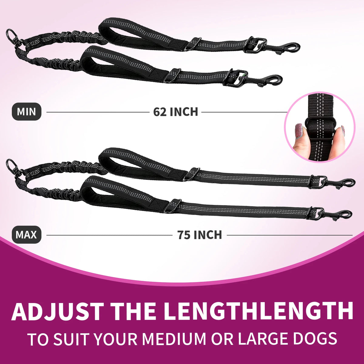 Reflective No-Tangle Double Dog Leash Comfortable Dual Pet Leash with Bungee Extension Includes Poop Bag Dispenser for Two Dogs