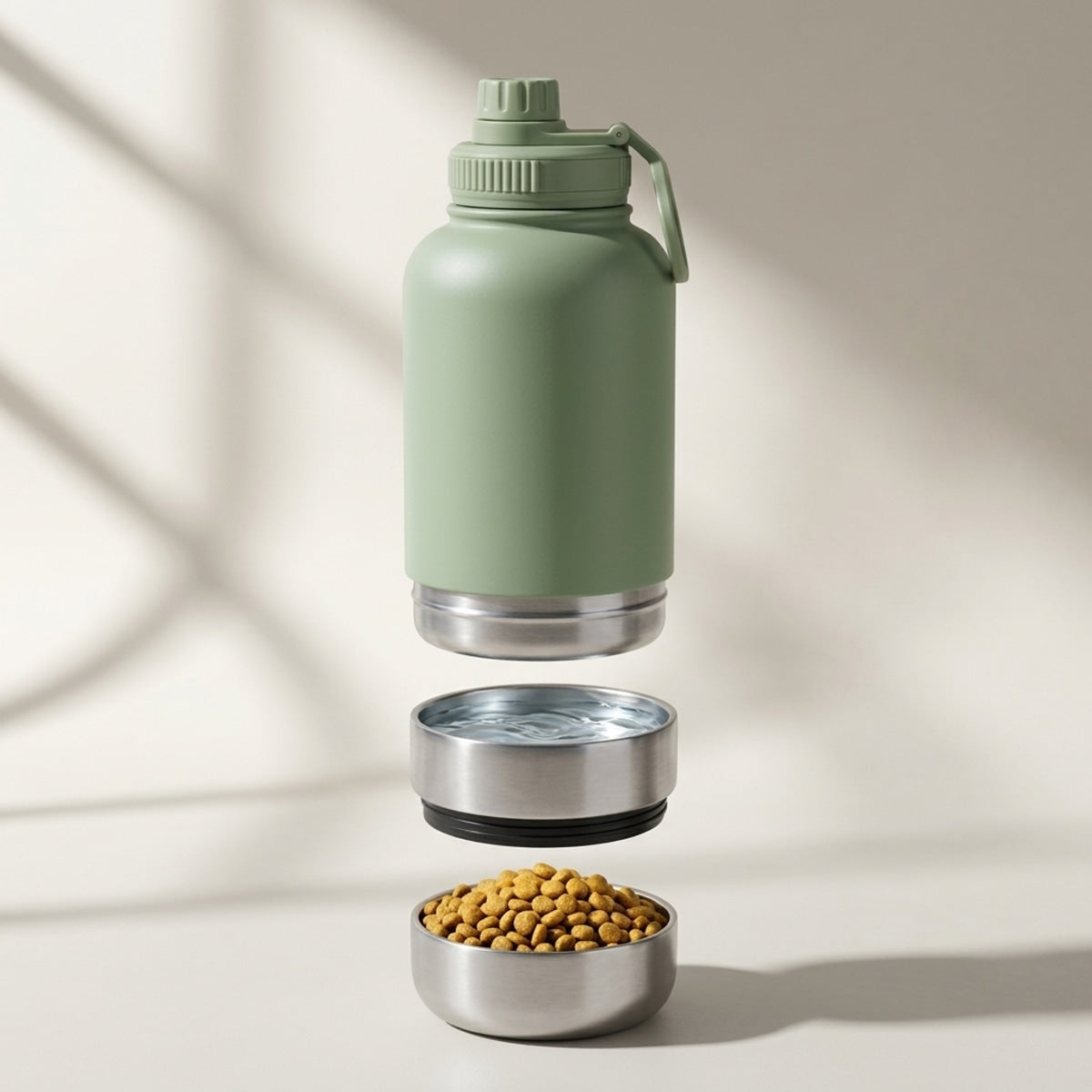 BD Warp™ 3-in-1 Pet Travel Thermal Bottle - Modular Exploded Natural Studio Hero with 32oz Vacuum Flask, 9oz Water Bowl with Fresh Water, and 8oz Food Bowl with Kibble