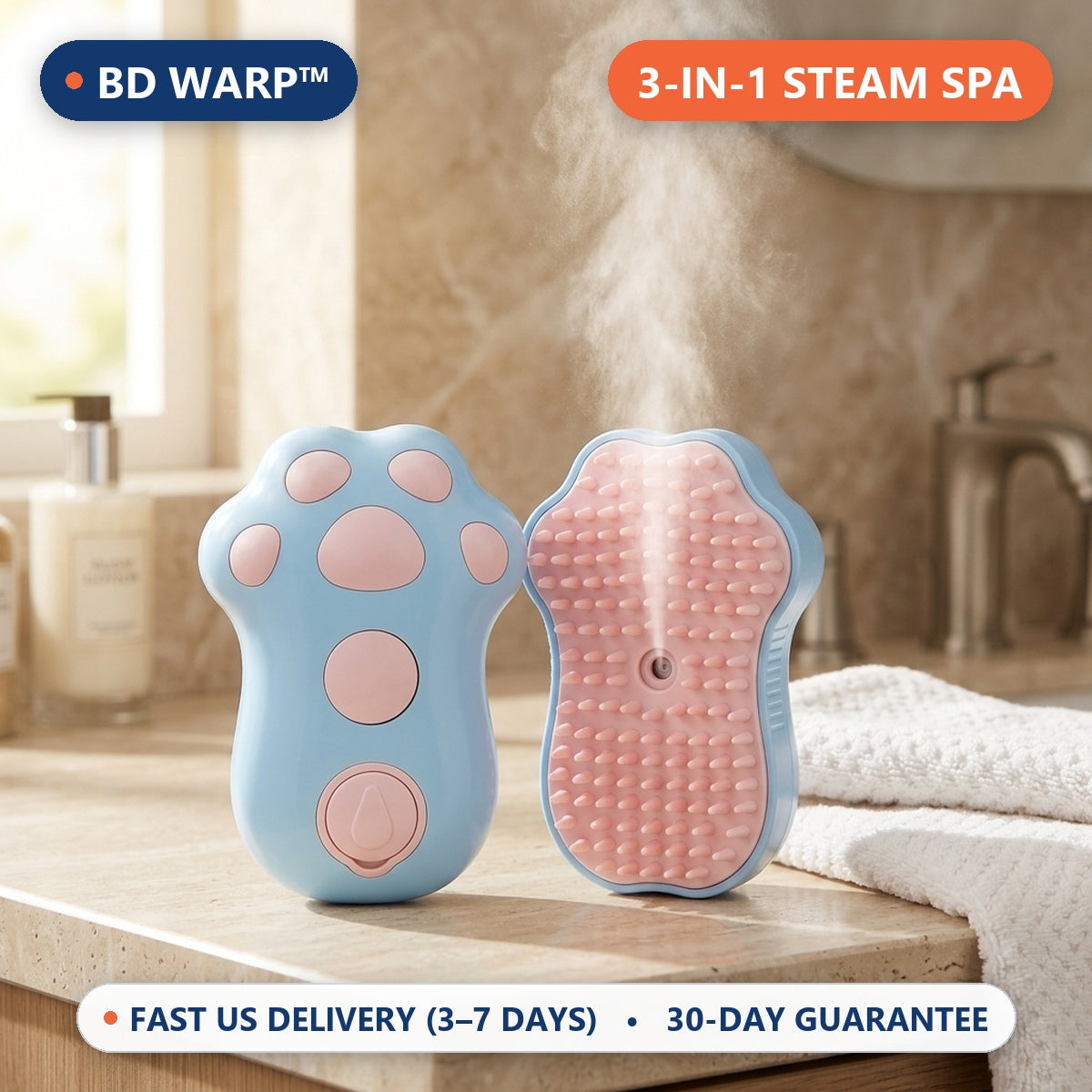 BD Warp™ 3-in-1 Rechargeable Pet Steam Grooming Brush Cute Paw Edition - 100% Real Dual Sided Product Display