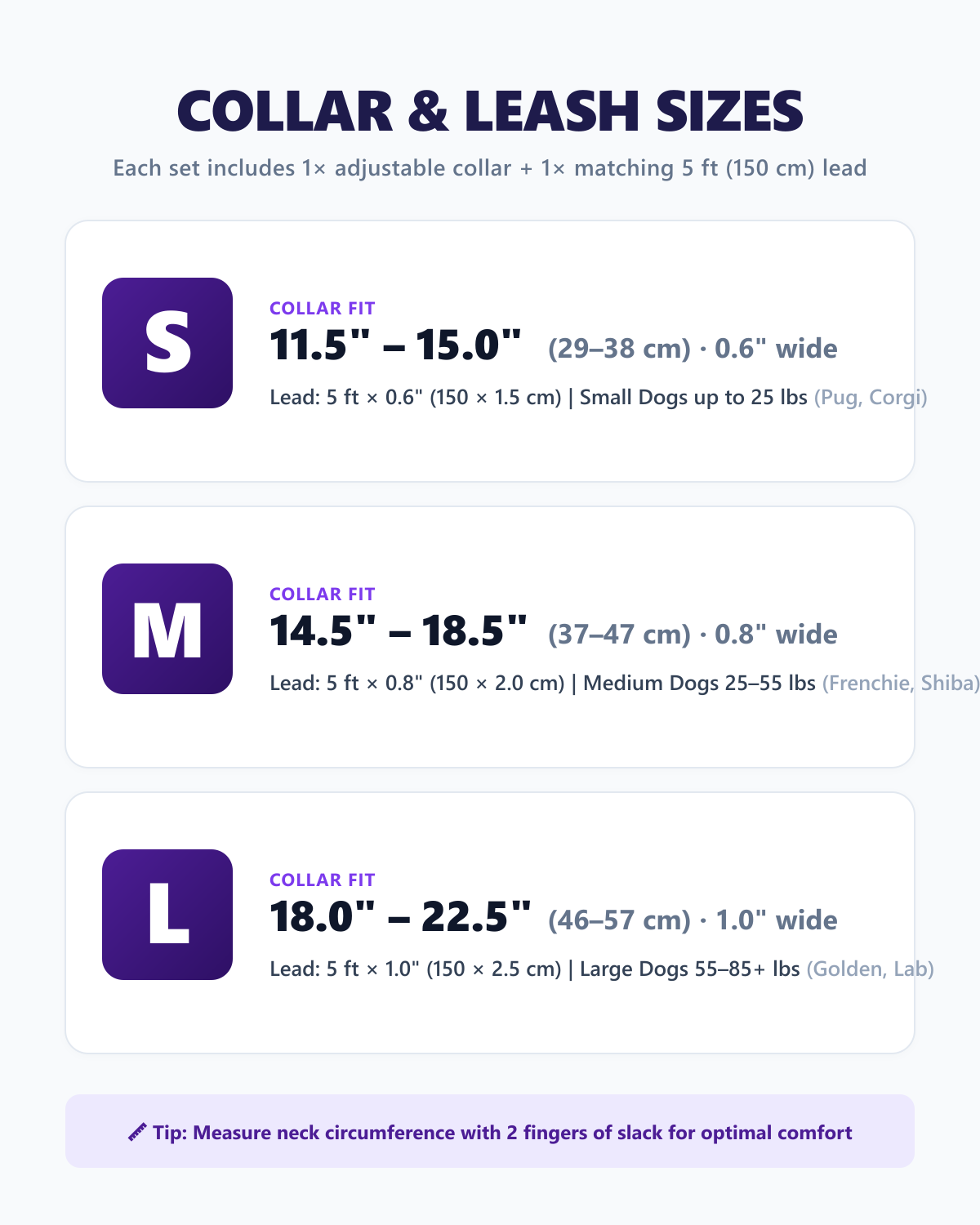 BD Warp™ Collar & Leash Sizing Chart and Breed Fit Guide